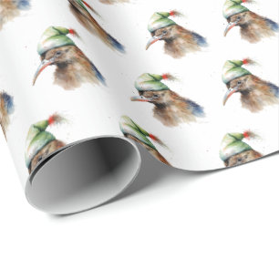 Waterverf Kerst Kwiwi Vogel Groene Elf Hoed Cadeaupapier
