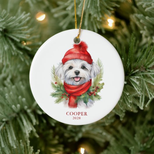 Waterverf Kerst Maltese Dog Foto Keramisch Ornament (Boom)