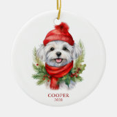 Waterverf Kerst Maltese Dog Foto Keramisch Ornament (Voorkant)