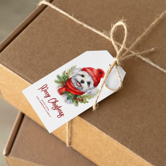 Waterverf Kerst Maltese hond Cadeaulabel
