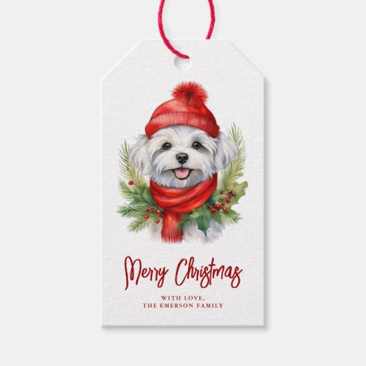 Waterverf Kerst Maltese hond Cadeaulabel (Voorkant)