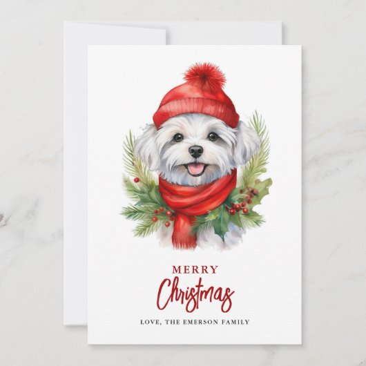 Waterverf Kerst Maltese hond Feestdagenkaart (Voorkant)