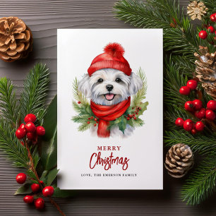 Waterverf Kerst Maltese hond Feestdagenkaart