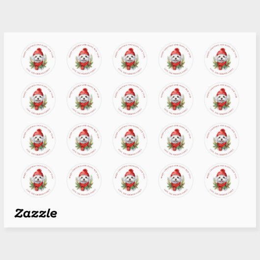 Waterverf Kerst Maltese hond Ronde Sticker (Vel)