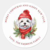 Waterverf Kerst Maltese hond Ronde Sticker (Voorkant)
