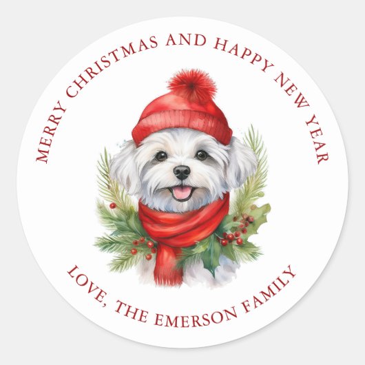 Waterverf Kerst Maltese hond Ronde Sticker (Voorkant)