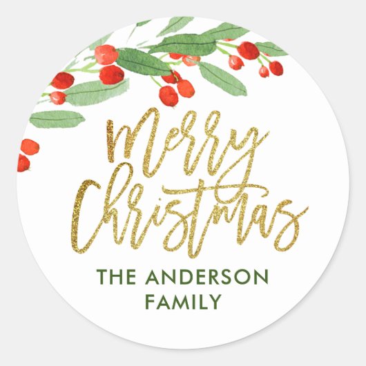 Waterverf Kerst met Hulstbes Ronde Sticker (Voorkant)