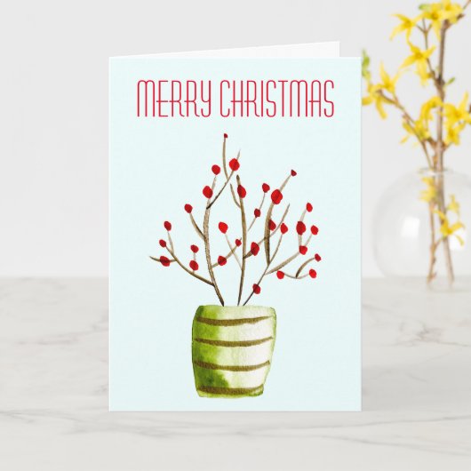 Waterverf Kerst met rode bessen Kaart (Gele Bloem)