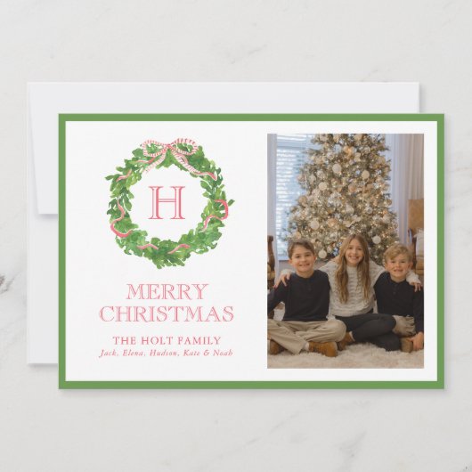 Waterverf Kerst Monogram Bow Krans Foto Feestdagenkaart (Voorkant)