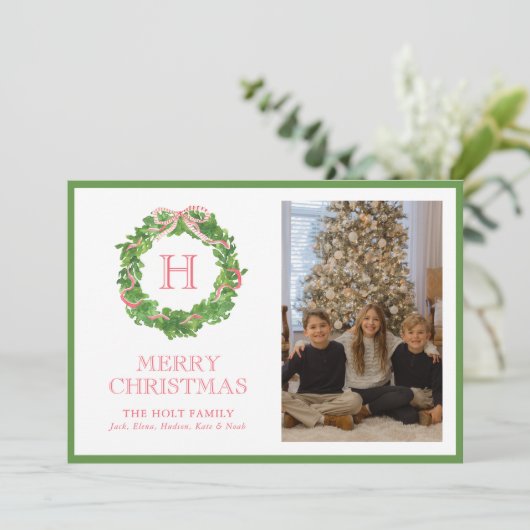 Waterverf Kerst Monogram Bow Krans Foto Feestdagenkaart (Staand voorkant)