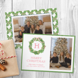 Waterverf Kerst Monogram Bow Krans Foto Feestdagenkaart