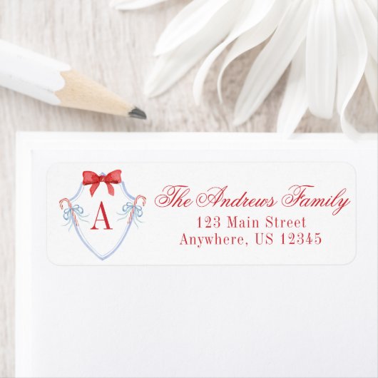 Waterverf Kerst Monogram Candy Cane Crest Etiket (Insitu)