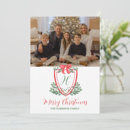 Waterverf Kerst Monogram Crest Feestdagenkaart (Staand voorkant)