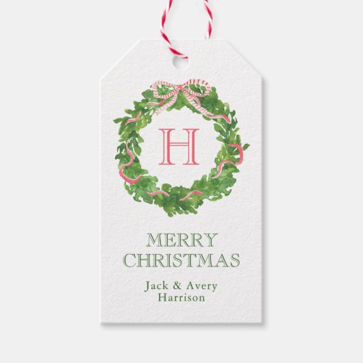 Waterverf Kerst Monogram Gestreepte Bow Krans Cadeaulabel (Voorkant)