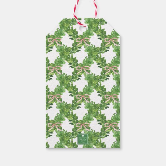 Waterverf Kerst Monogram Gestreepte Bow Krans Cadeaulabel (Achterkant)