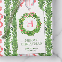 Waterverf Kerst Monogram Gestreepte Bow Krans