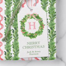 Waterverf Kerst Monogram Gestreepte Bow Krans Cadeaulabel