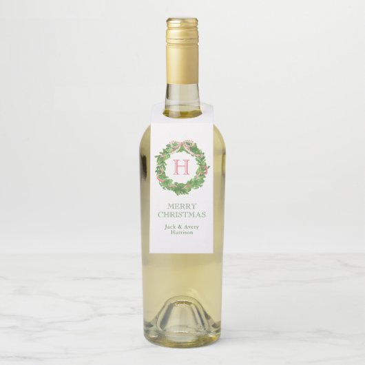 Waterverf Kerst Monogram Gestreepte Bow Krans Flessenhanger (Op fles)