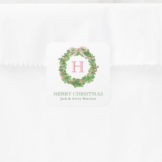 Waterverf Kerst Monogram Gestreepte Bow Krans Vierkante Sticker