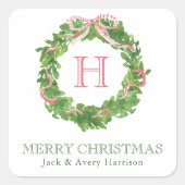 Waterverf Kerst Monogram Gestreepte Bow Krans Vierkante Sticker (Voorkant)