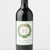 Waterverf Kerst Monogram Gestreepte Bow Krans Wijn Etiket