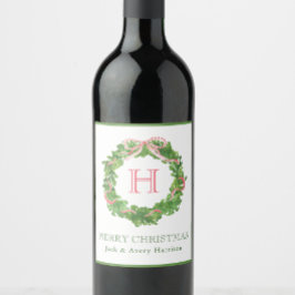 Waterverf Kerst Monogram Gestreepte Bow Krans Wijn Etiket