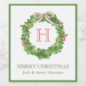 Waterverf Kerst Monogram Gestreepte Bow Krans Wijn Etiket (Enkel label)