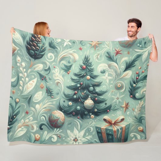 Waterverf Kerst Motief Vakantie Whimsy Groen Fleece Deken (In situ)