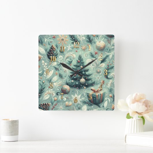 Waterverf Kerst Motief Vakantie Whimsy Groen Vierkante Klok (Huis)