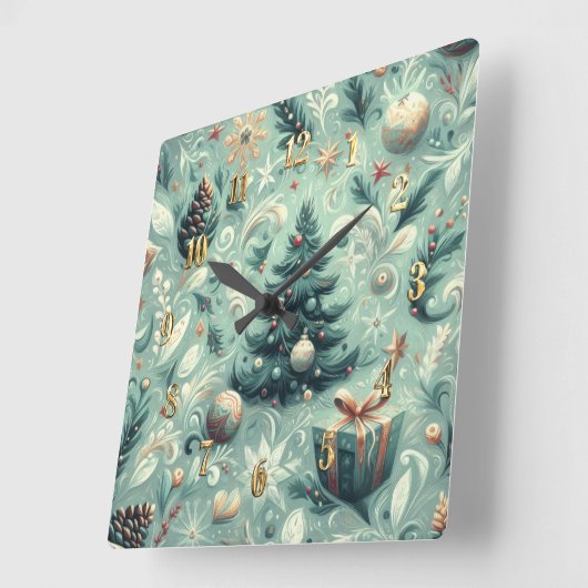 Waterverf Kerst Motief Vakantie Whimsy Groen Vierkante Klok (Hoek)