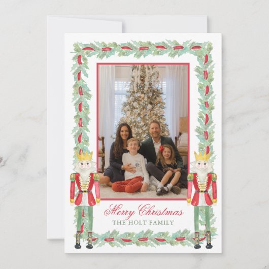 Waterverf Kerst Notenkrakers & Garland Foto Feestdagenkaart (Voorkant)