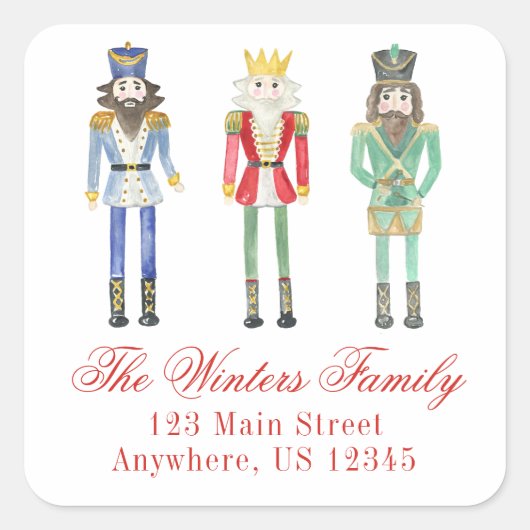 Waterverf kerst notenkrakers retouradres vierkante sticker (Voorkant)