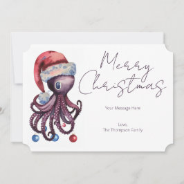 Waterverf Kerst Octopus met een kerstmuts Feestdagenkaart