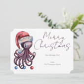 Waterverf Kerst Octopus met een kerstmuts Feestdagenkaart (Staand voorkant)