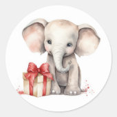 Waterverf Kerst Olifant met Cadeau Ronde Sticker (Voorkant)