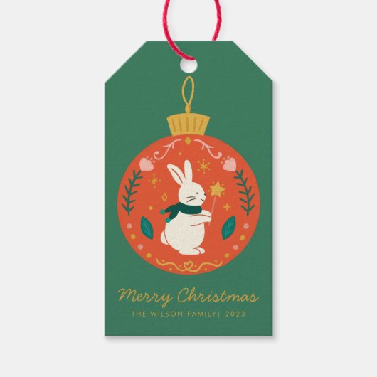 Waterverf Kerst Ornament Konijn  Cadeaulabel (Voorkant)