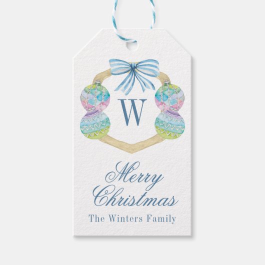 Waterverf Kerst Ornament Monogram Crest Cadeaulabel (Voorkant)