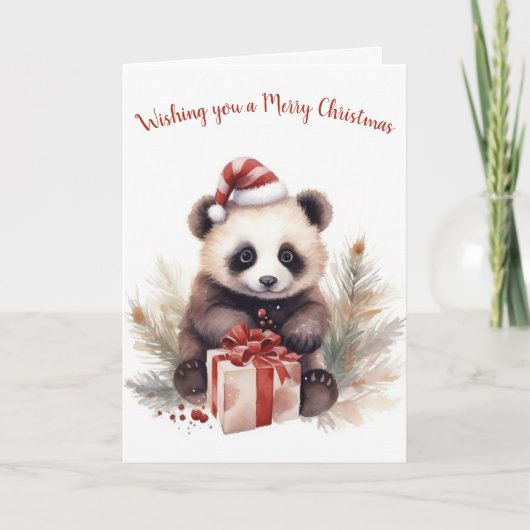 Waterverf Kerst Panda Beer met geschenken Feestdagen Kaart (Voorkant)