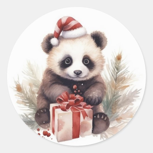 Waterverf Kerst Panda Beer Ronde Sticker (Voorkant)