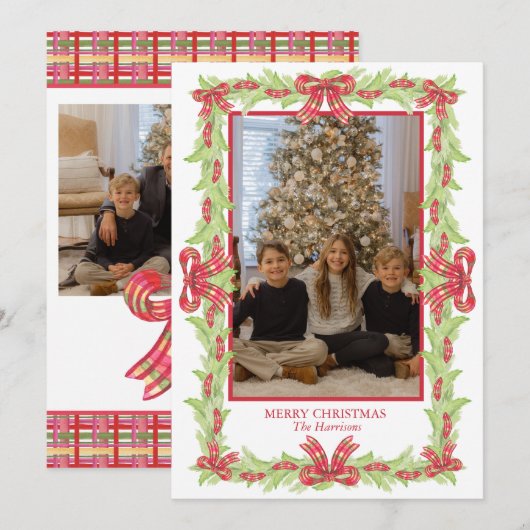 Waterverf Kerst Plaid Bow Garland Feestdagenkaart (Voorkant / Achterkant)