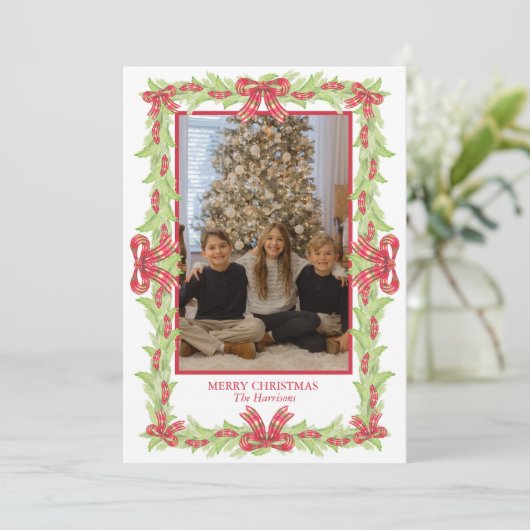 Waterverf Kerst Plaid Bow Garland Feestdagenkaart (Staand voorkant)
