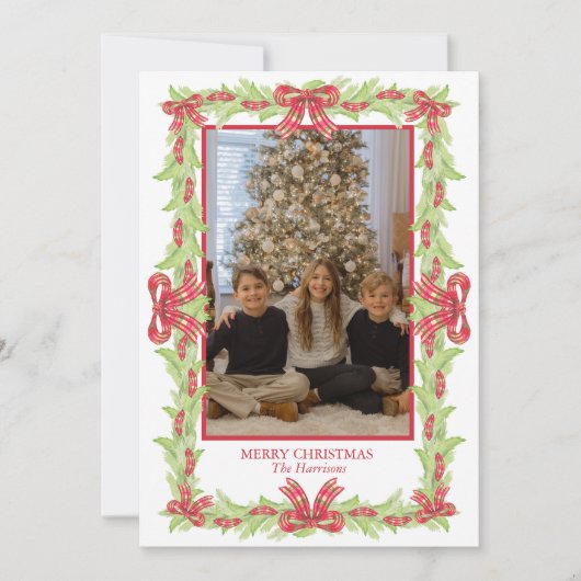 Waterverf Kerst Plaid Bow Garland Feestdagenkaart (Voorkant)