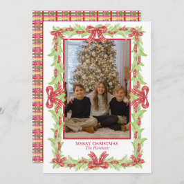 Waterverf Kerst Plaid Bow Garland Feestdagenkaart