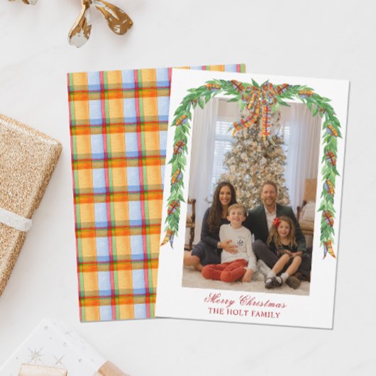Waterverf Kerst Plaid Bow Garland Foto Feestdagenkaart