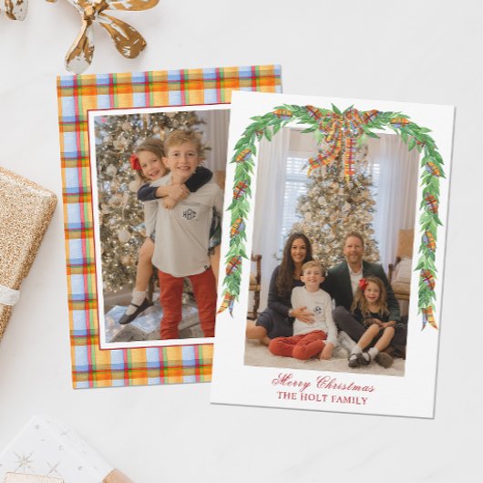 Waterverf Kerst Plaid Bow Garland Foto Feestdagenkaart