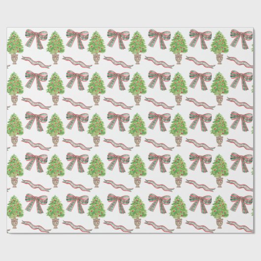 Waterverf Kerst Plaid Bow & Topiary Cadeaupapier (Vlak)