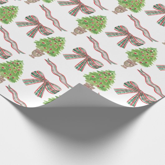 Waterverf Kerst Plaid Bow & Topiary Cadeaupapier (Hoek)