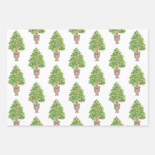 Waterverf Kerst Plaid Bow & Topiary Inpakpapier Vel (Voorkant 3)