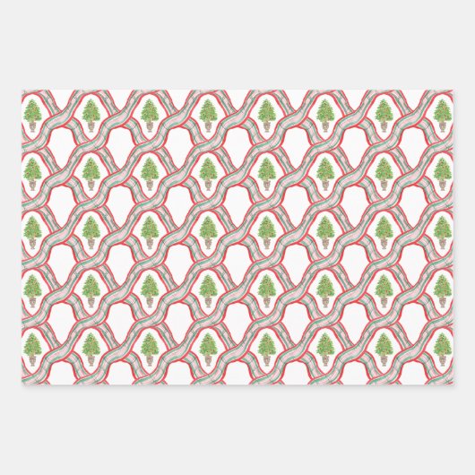 Waterverf Kerst Plaid Bow & Topiary Inpakpapier Vel (Voorkant 2)