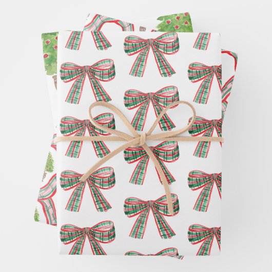 Waterverf Kerst Plaid Bow & Topiary Inpakpapier Vel (In situ)